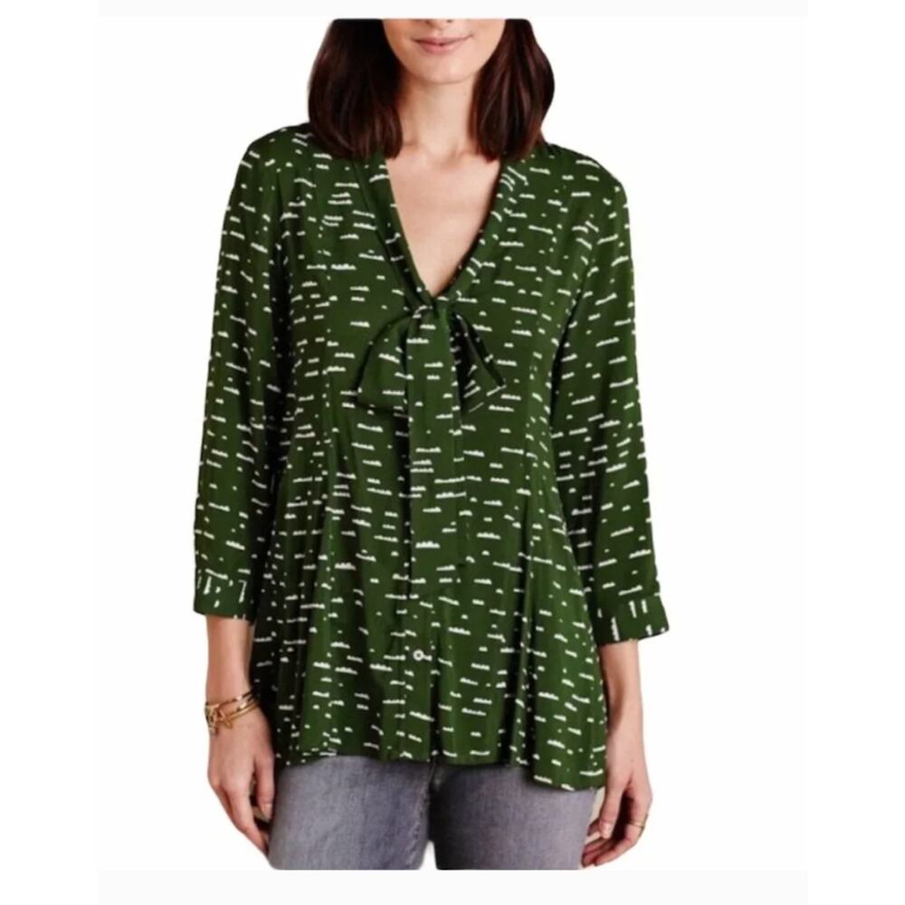 Maeve by Anthropologie Cloud Print Tie-Front Swing Blouse Women's XS Green